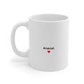 White mug with 'Arsenal' and a heart symbol on a white background