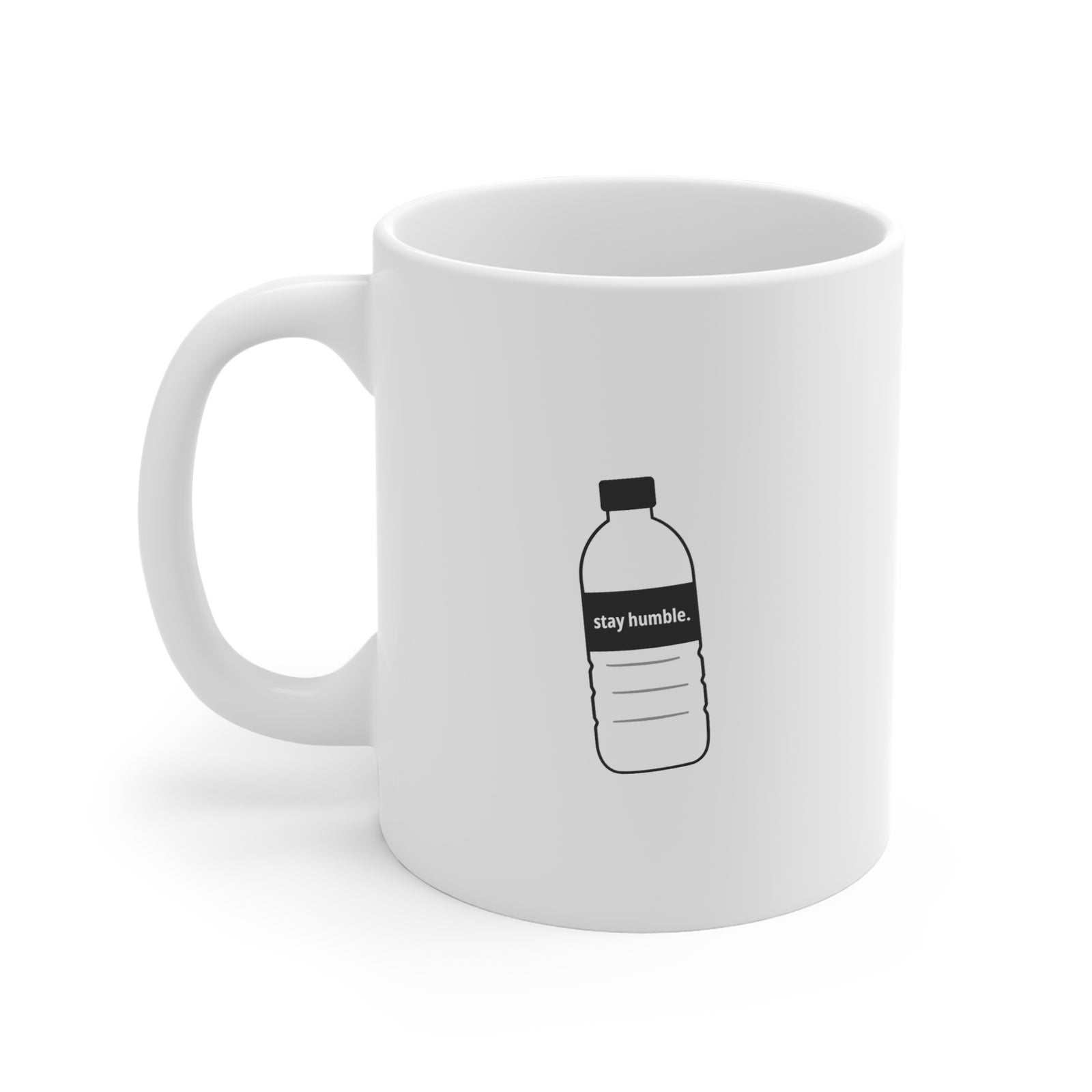 White mug with a black bottle logo on a white background